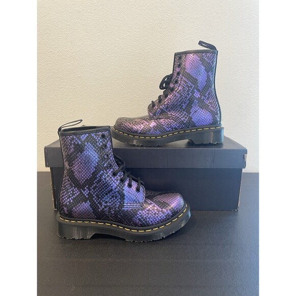 Dr. Martens 1460 Purple Black Snake Print Embossed Leather Boots Womens Sz 5 NEW - Picture 1 of 5